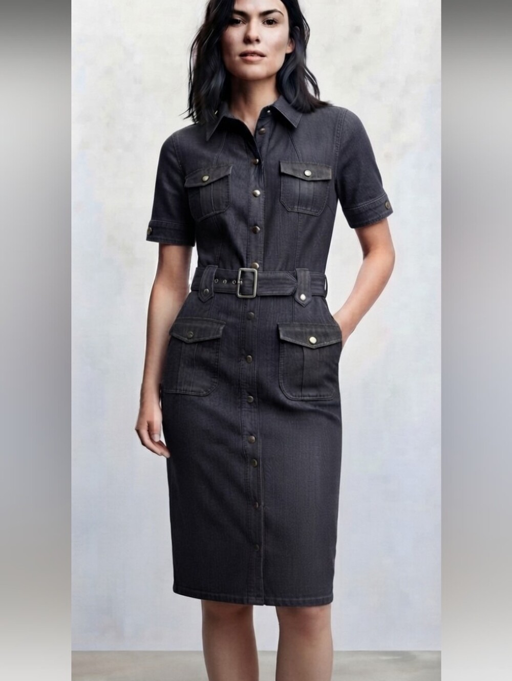 Beautiful Sharagano Belted Short-Sleeve Midi Utility Shirt Dress Sz Size 16